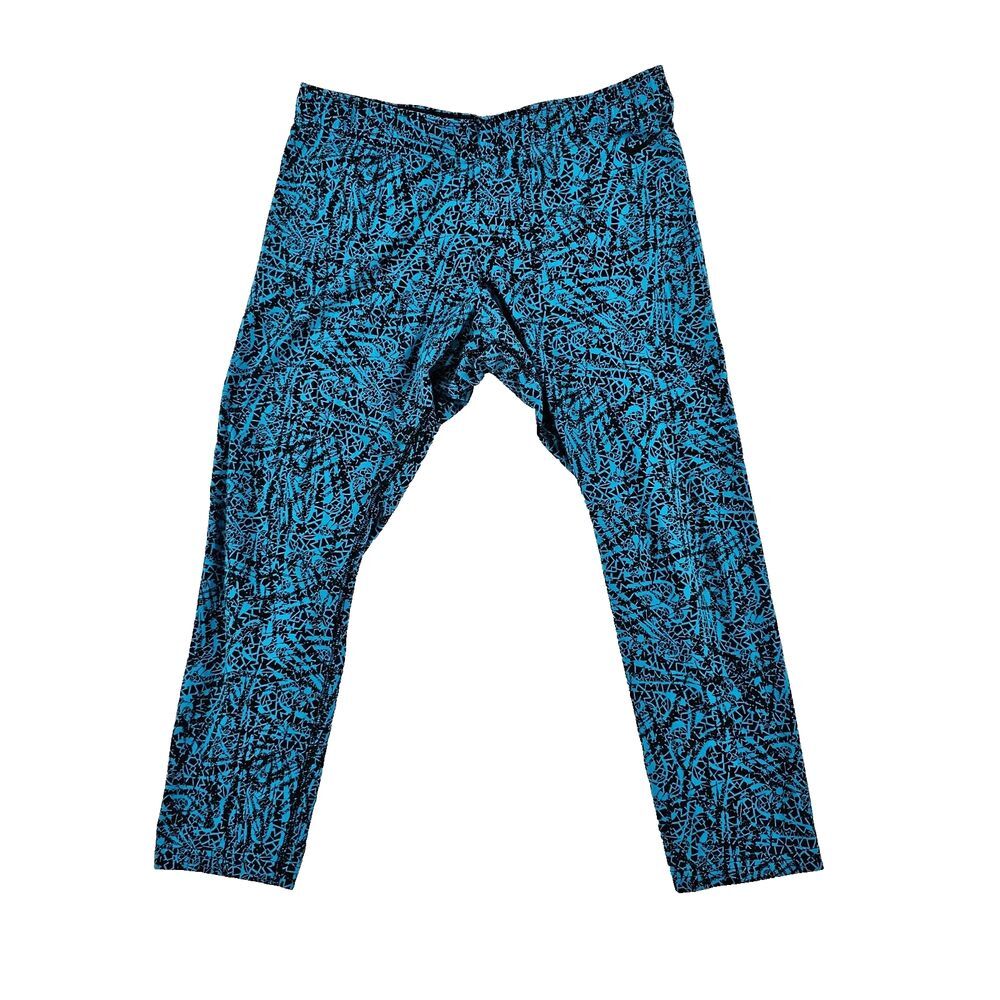 Nike Womens Cropped Leggings High Rise Geometric Logo Pull On Teal Black Large